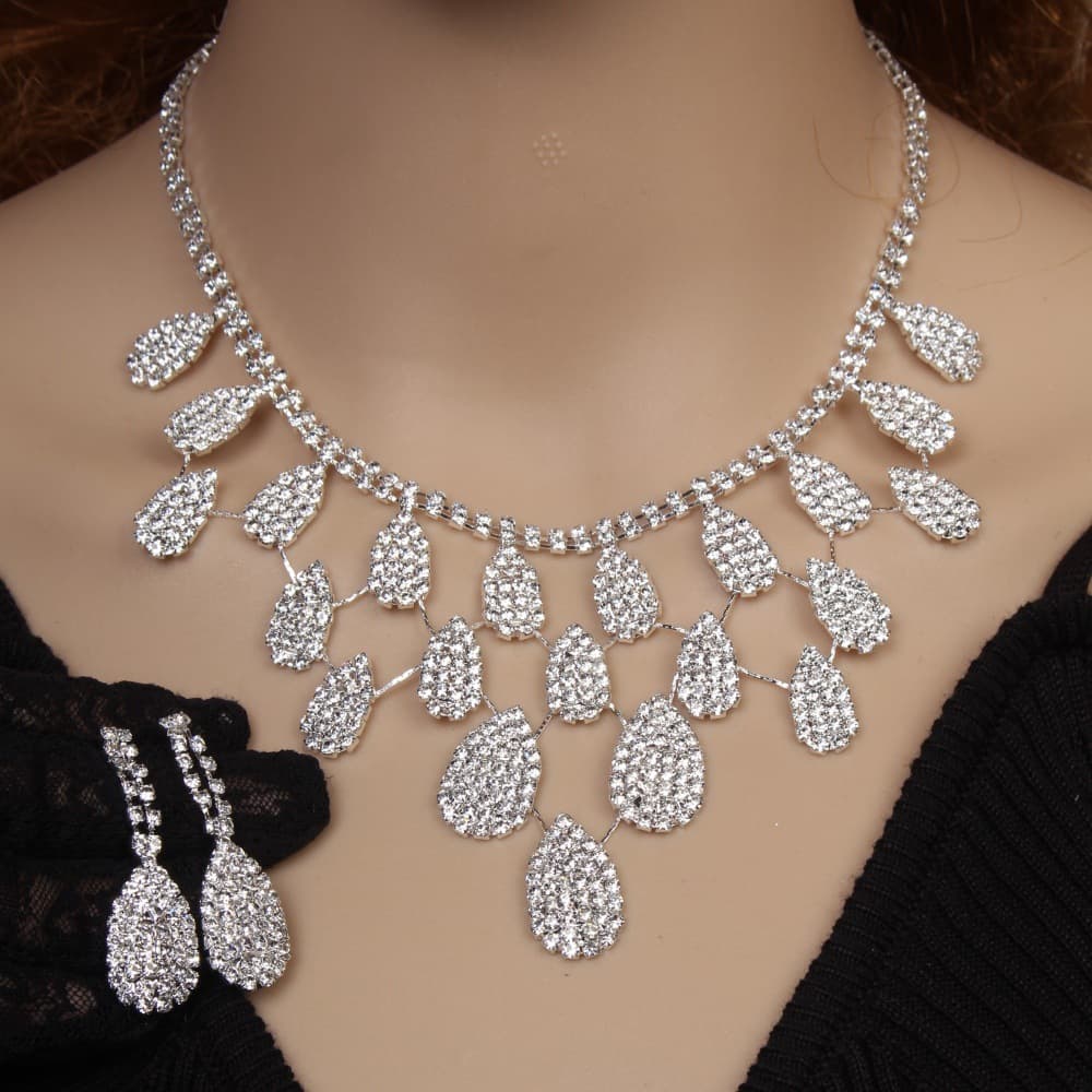 Chain for bride, fashionable accessory, earrings drop-shaped, necklace, set, European style, wedding accessories