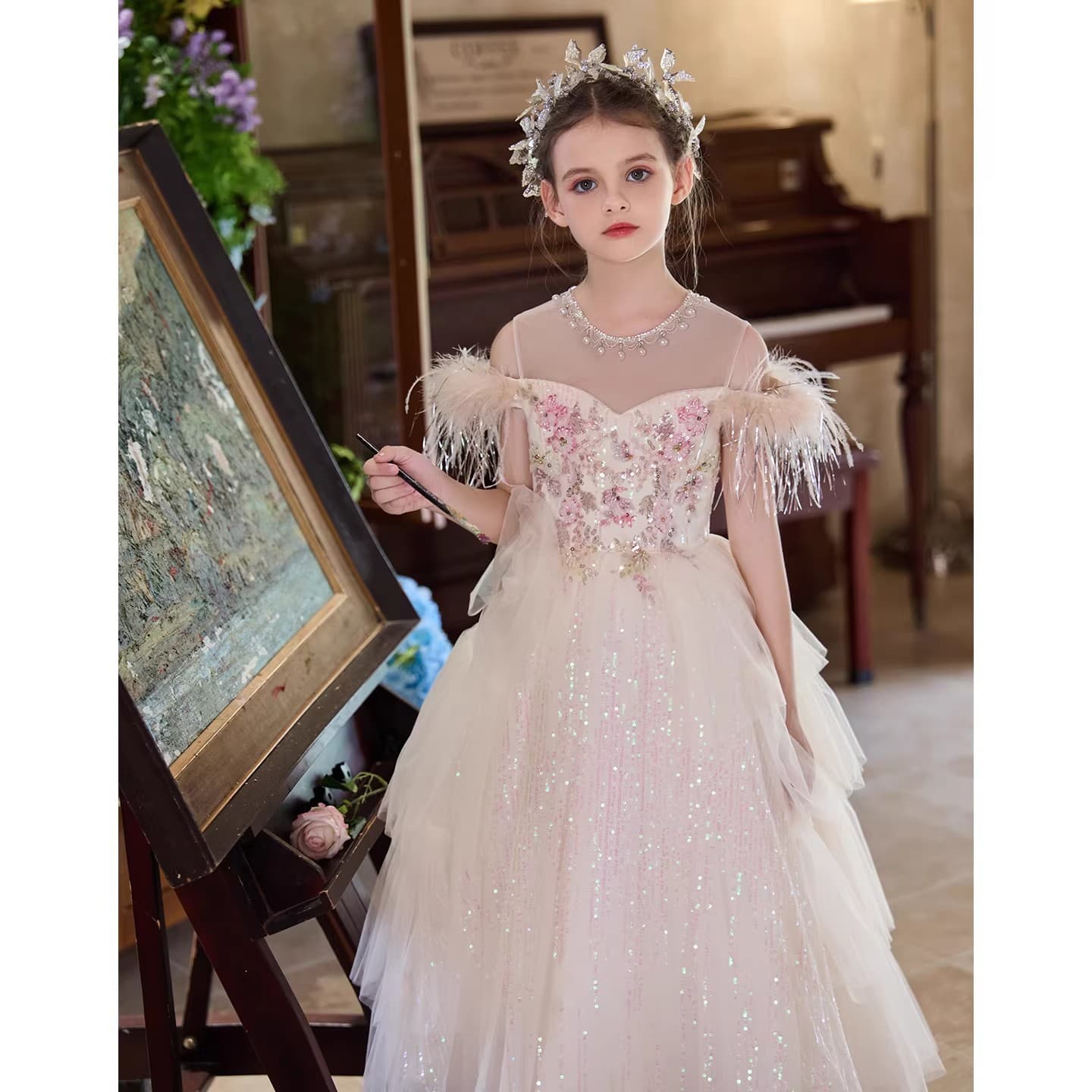 Elegant elite evening dress, small princess costume, children's piano, Birthday gift 3