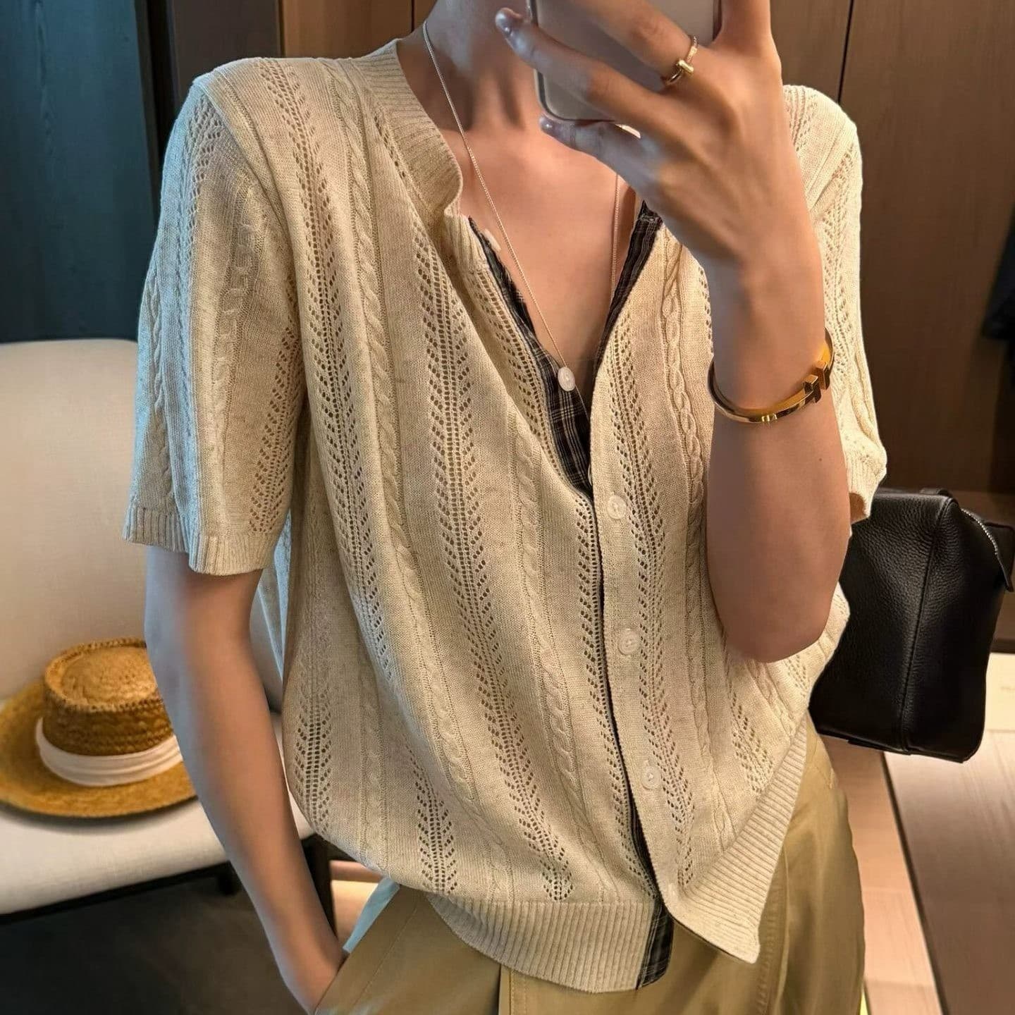Old money linen!Nouveau riche old money style!Japanese linen edged short-sleeved knitted cardigan women's t-shirt thin top 1