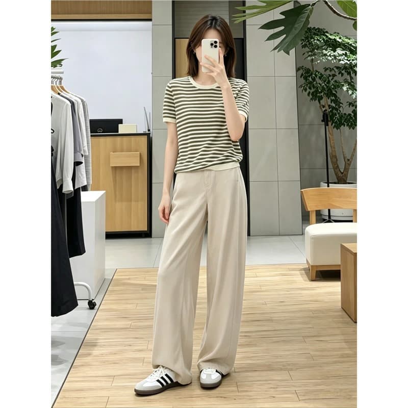 MM wheat series 2026 new summer style light coffee and paper yarn breathable right shoulder short-sleeved sweater for women 5H5932152 1