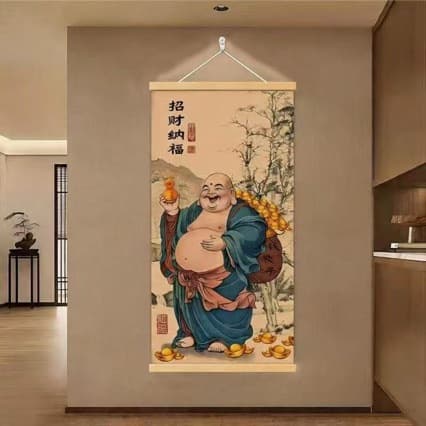 Maitreya Buddha Money Bag Scroll Wall Art - New Chinese Style Entryway Living Room Office Decor 2