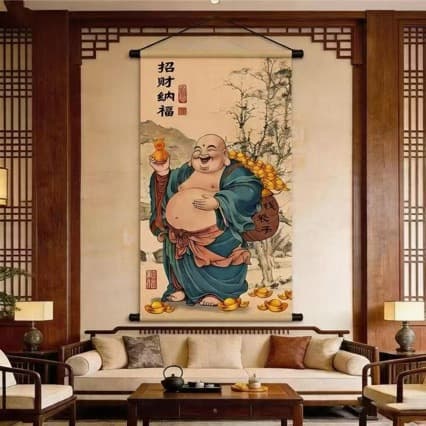 Maitreya Buddha Money Bag Scroll Wall Art - New Chinese Style Entryway Living Room Office Decor 1