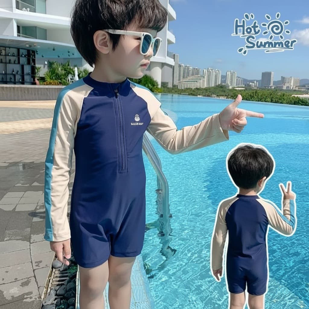 Children's swimwear, quick dry long-sleeve for boys for swimming, sun protection, family style 1