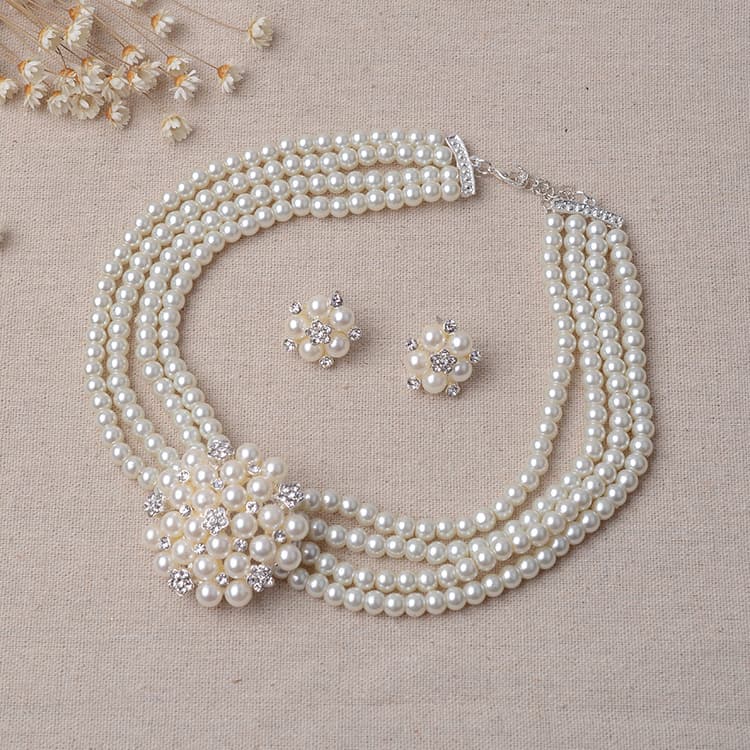 Necklace and earrings pearl, jewelry for bride, accessory, flowered 3