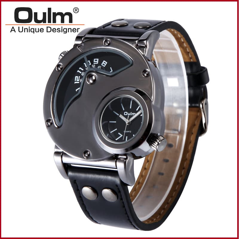 OULM OULM 9591 Black Frame IP electroplating large metal dial PU watch belt quartz movement dual display watch 2