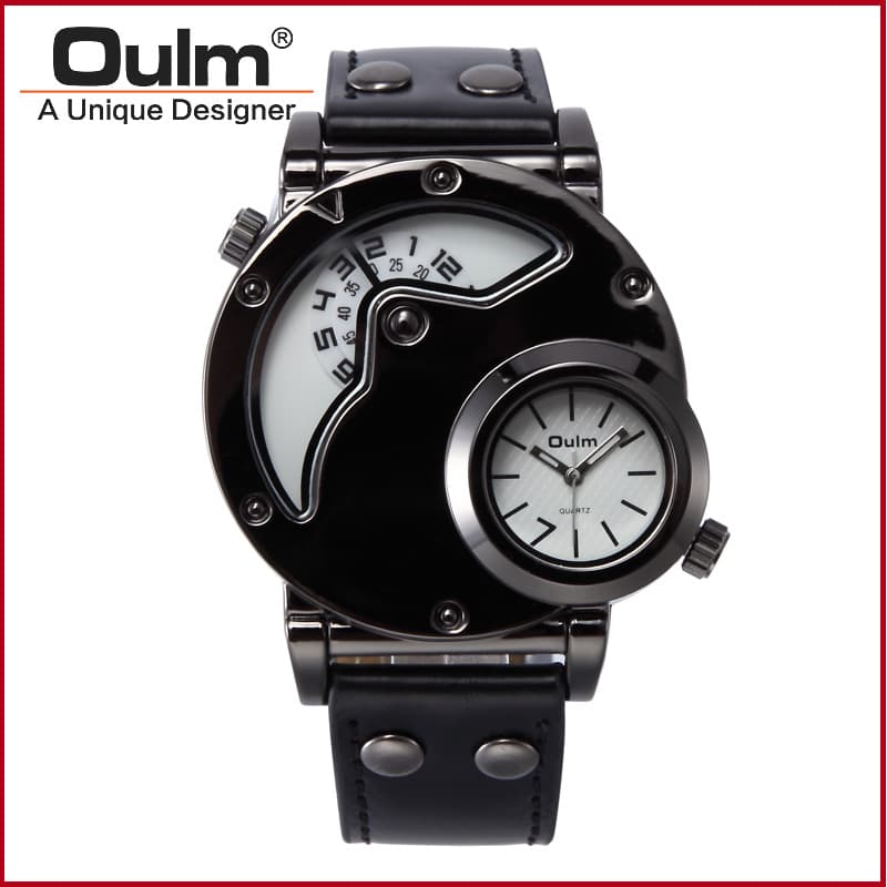OULM OULM 9591 Black Frame IP electroplating large metal dial PU watch belt quartz movement dual display watch 3