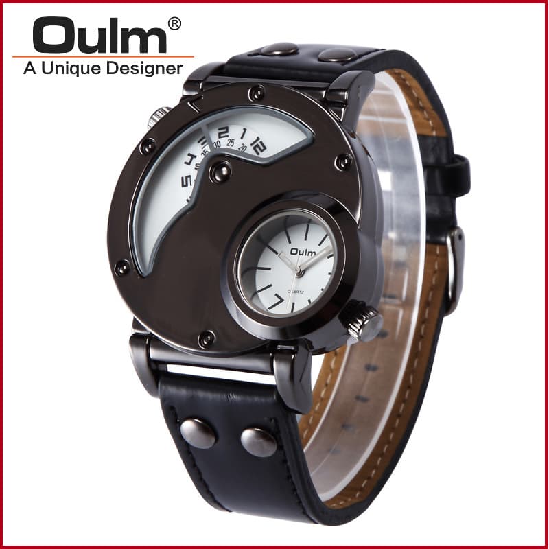 OULM OULM 9591 Black Frame IP electroplating large metal dial PU watch belt quartz movement dual display watch 4