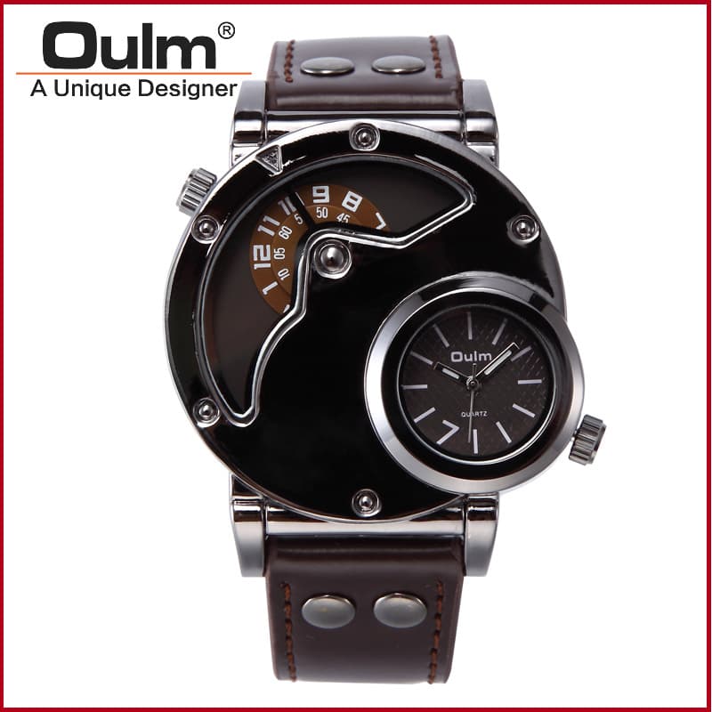 OULM OULM 9591 Black Frame IP electroplating large metal dial PU watch belt quartz movement dual display watch 5