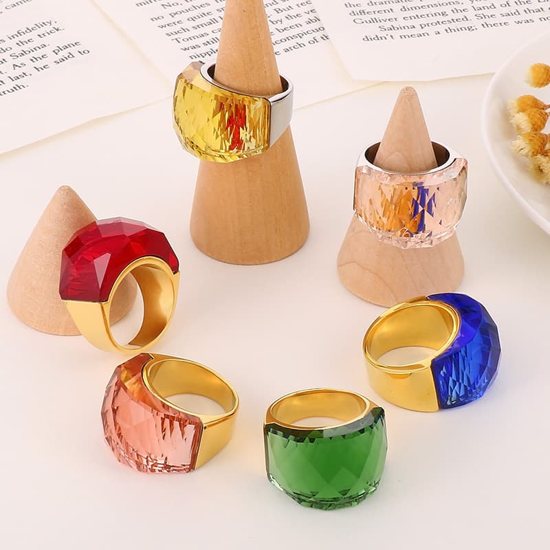 Fashionable glass multicoloured ring stainless steel, accessory, Japanese and Korean, 750 sample gold 4