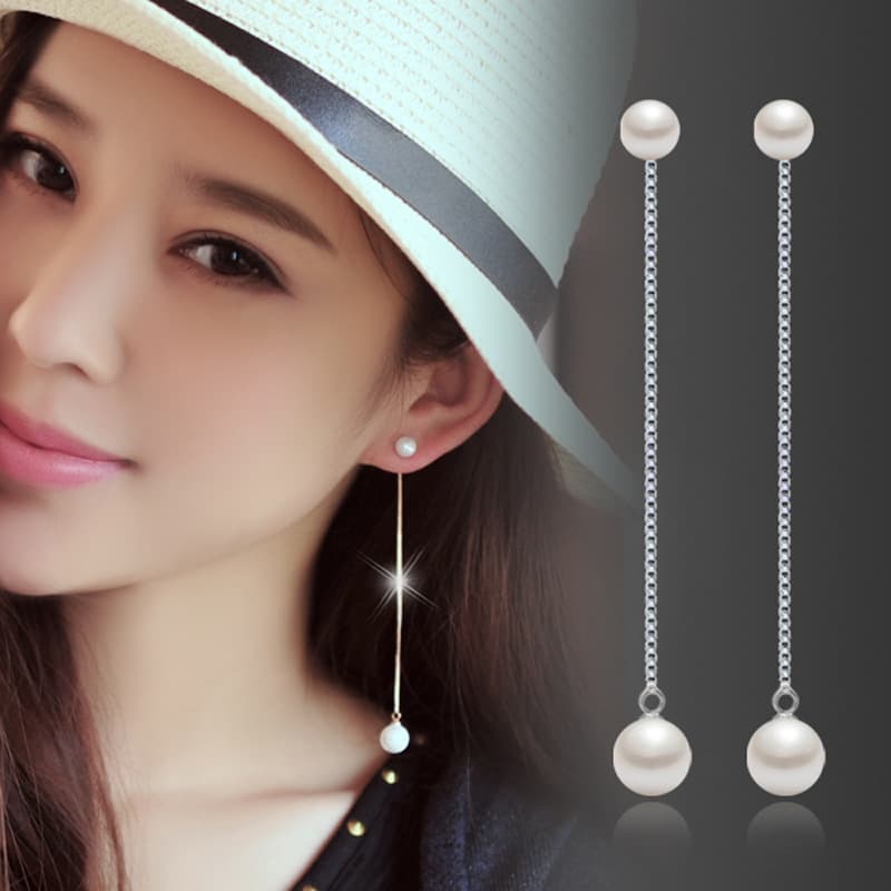 Long earrings with tassels from pearl, Korean style