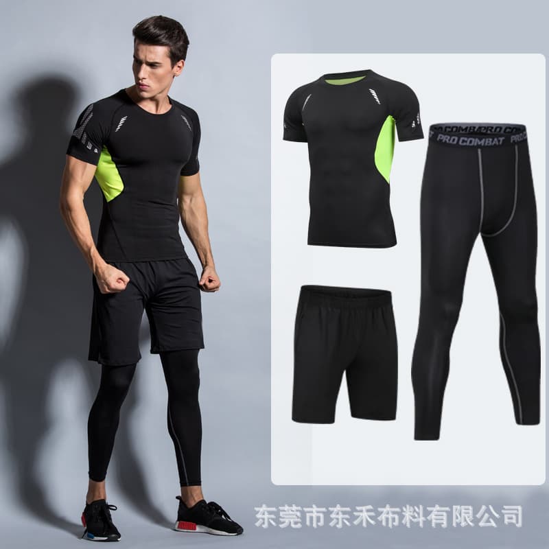 Quick dry sports suit, men's set for training, travel shorts for gym, for running, tight, 3 piece set, with short sleeve 3