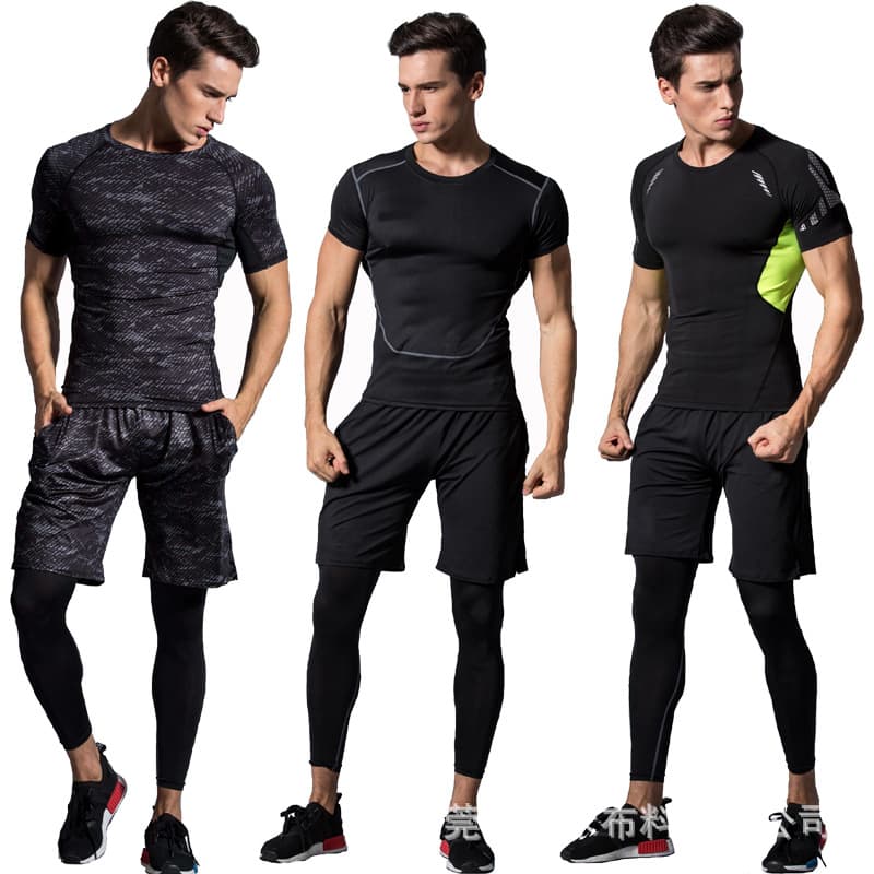 Quick dry sports suit, men's set for training, travel shorts for gym, for running, tight, 3 piece set, with short sleeve 4