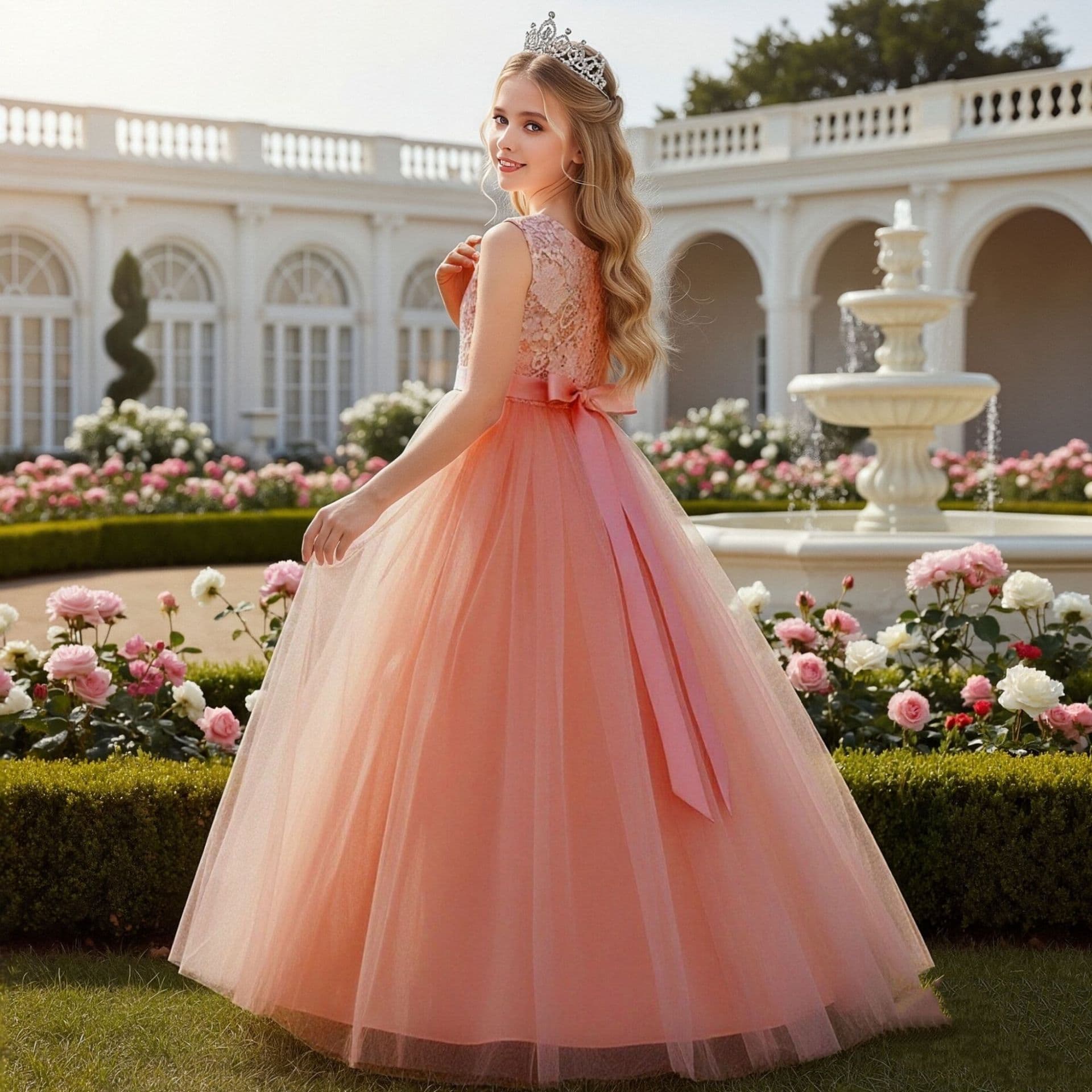 (Cross-border trading), (Wholesale), elegant long lace girl's skirt, evening dress, high waist, princess style 3