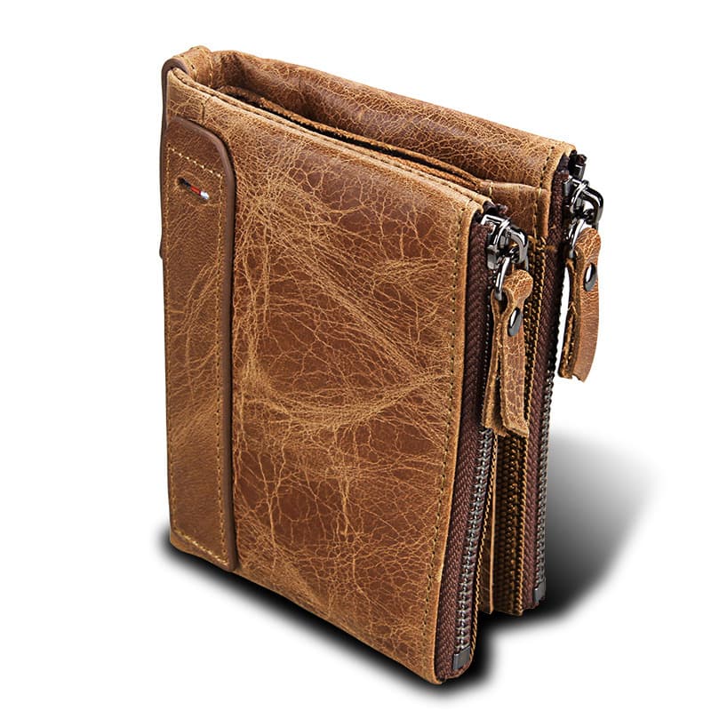 Leather short wallet with zipper, anti-theft