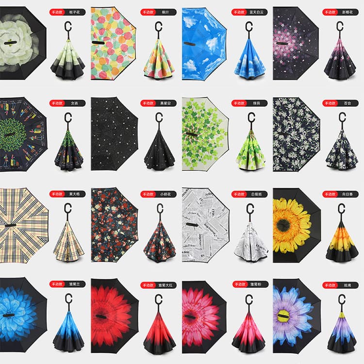 Reverse umbrella with long handle, straight pole, C-shaped car umbrella, double-hand open reverse umbrella, rain or shine gift advertising umbrella 4