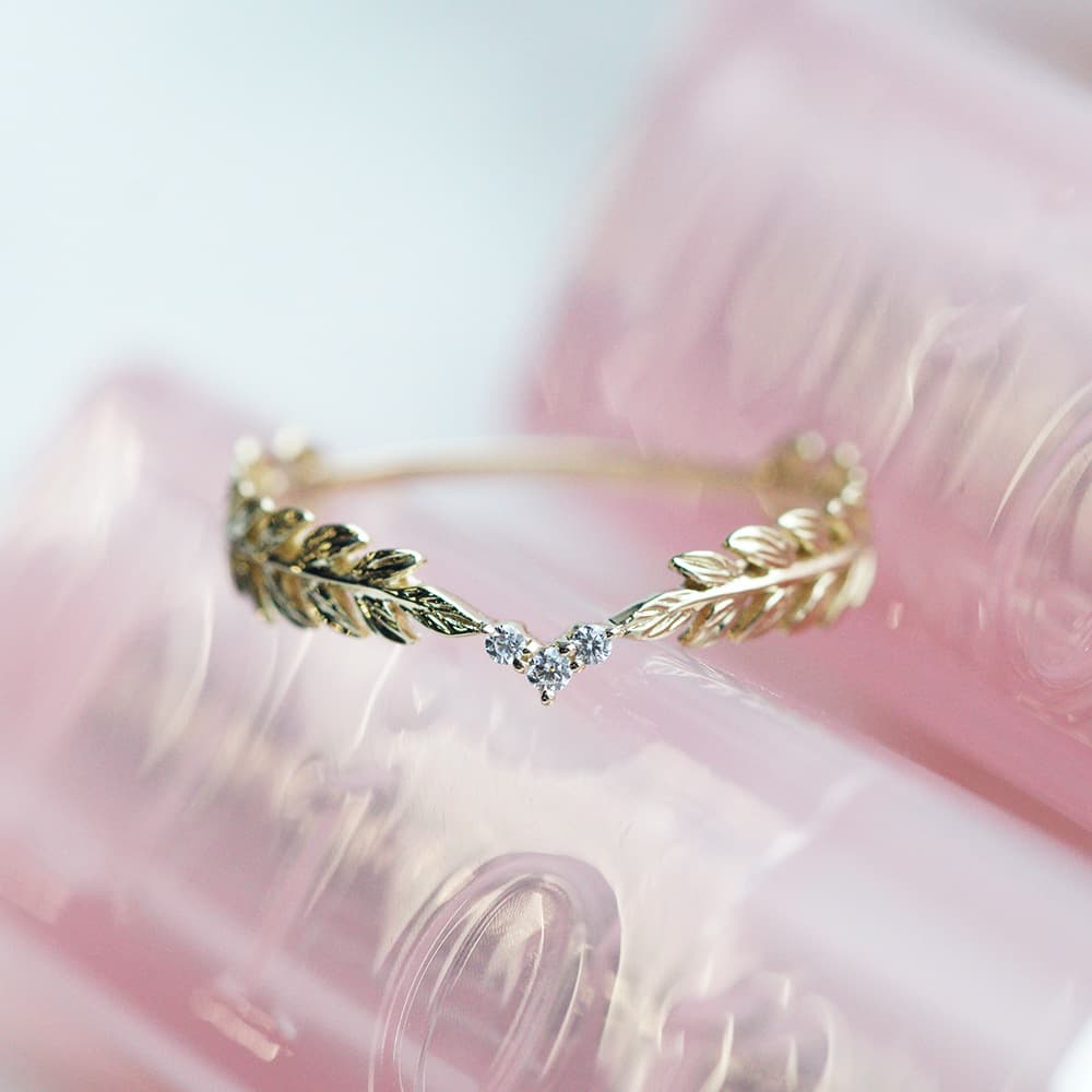 Foreign trade thermal sales Japanese light luxury copper gold -plated small fresh style spring leaves feather ring stack wearing tail ring new products 3