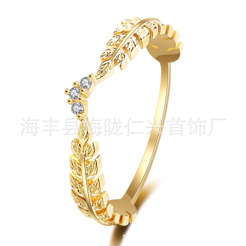 Foreign trade thermal sales Japanese light luxury copper gold -plated small fresh style spring leaves feather ring stack wearing tail ring new products 1