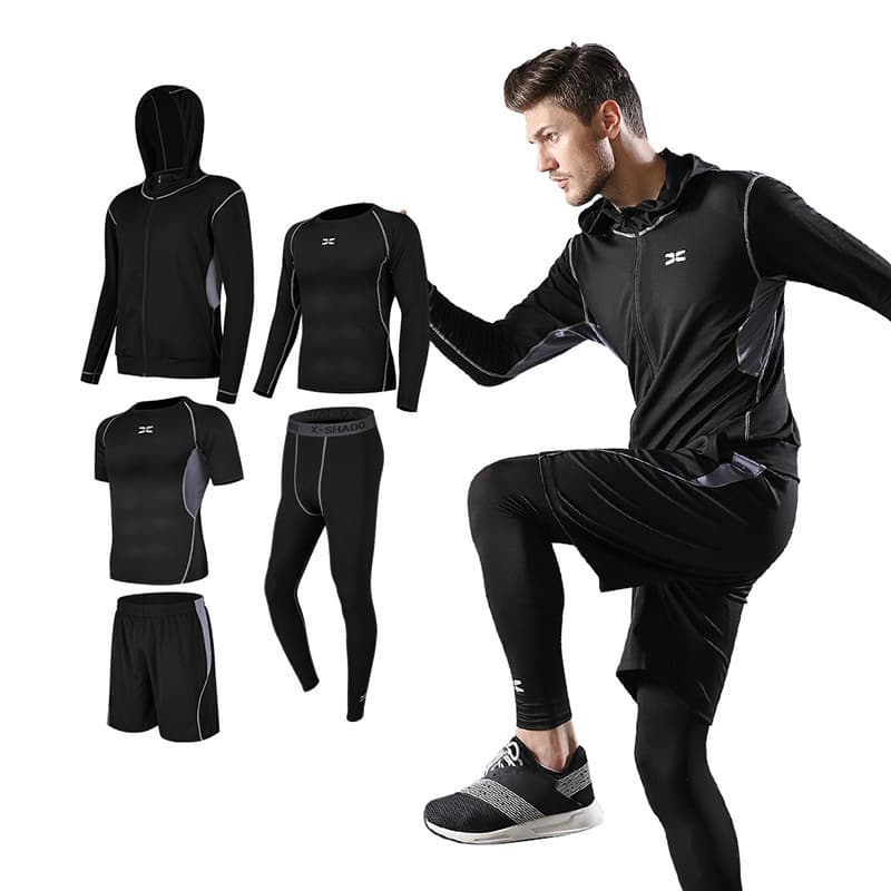 (Cross-border trading), men's black sports suit, set for gym, jacket, sports T-shirt, for running, with short sleeve, plus size 5