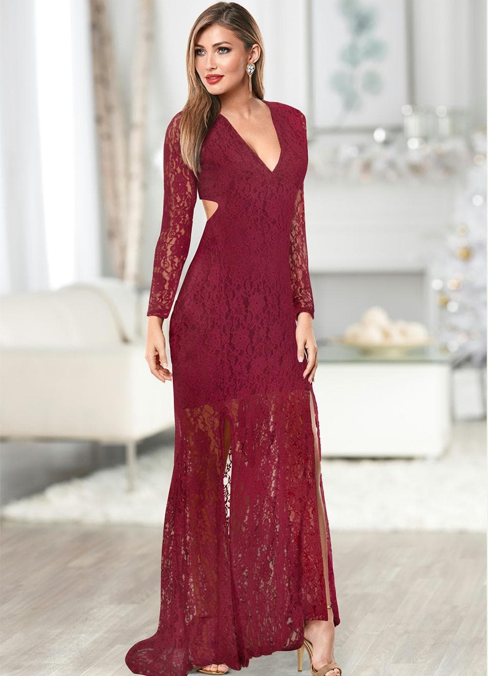 Demi-season long-sleeve, lace long skirt, evening dress, European style, V-neckline 2