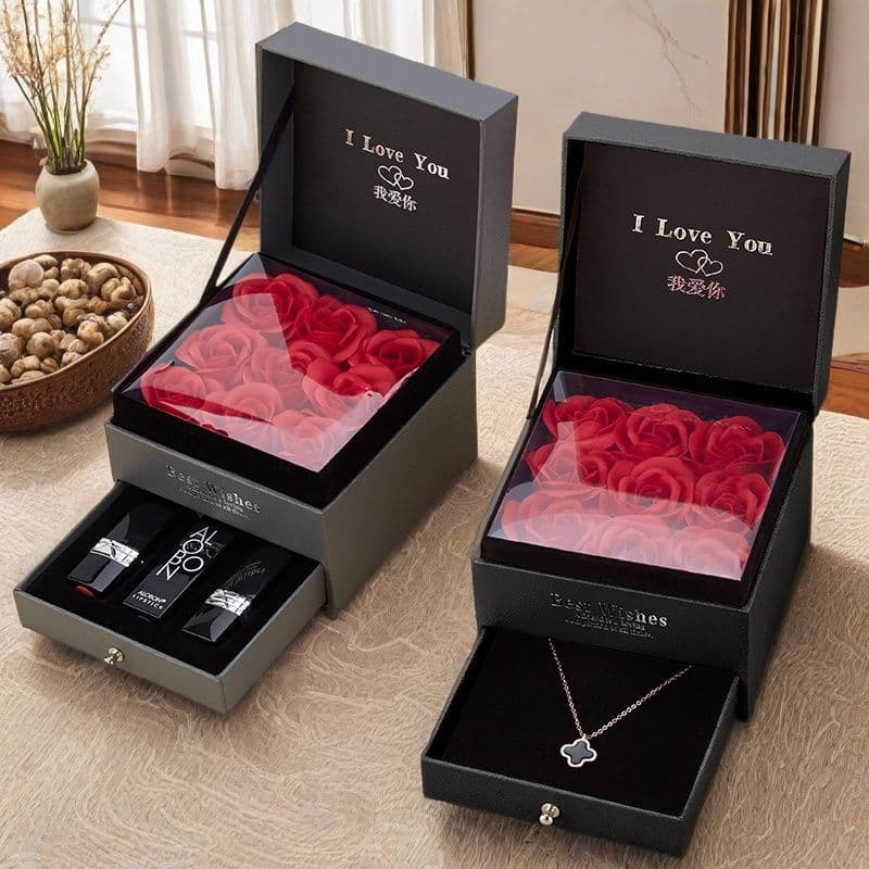 Lipstick contains rose, necklace, ring for St. Valentine's Day, bag, box, Birthday gift