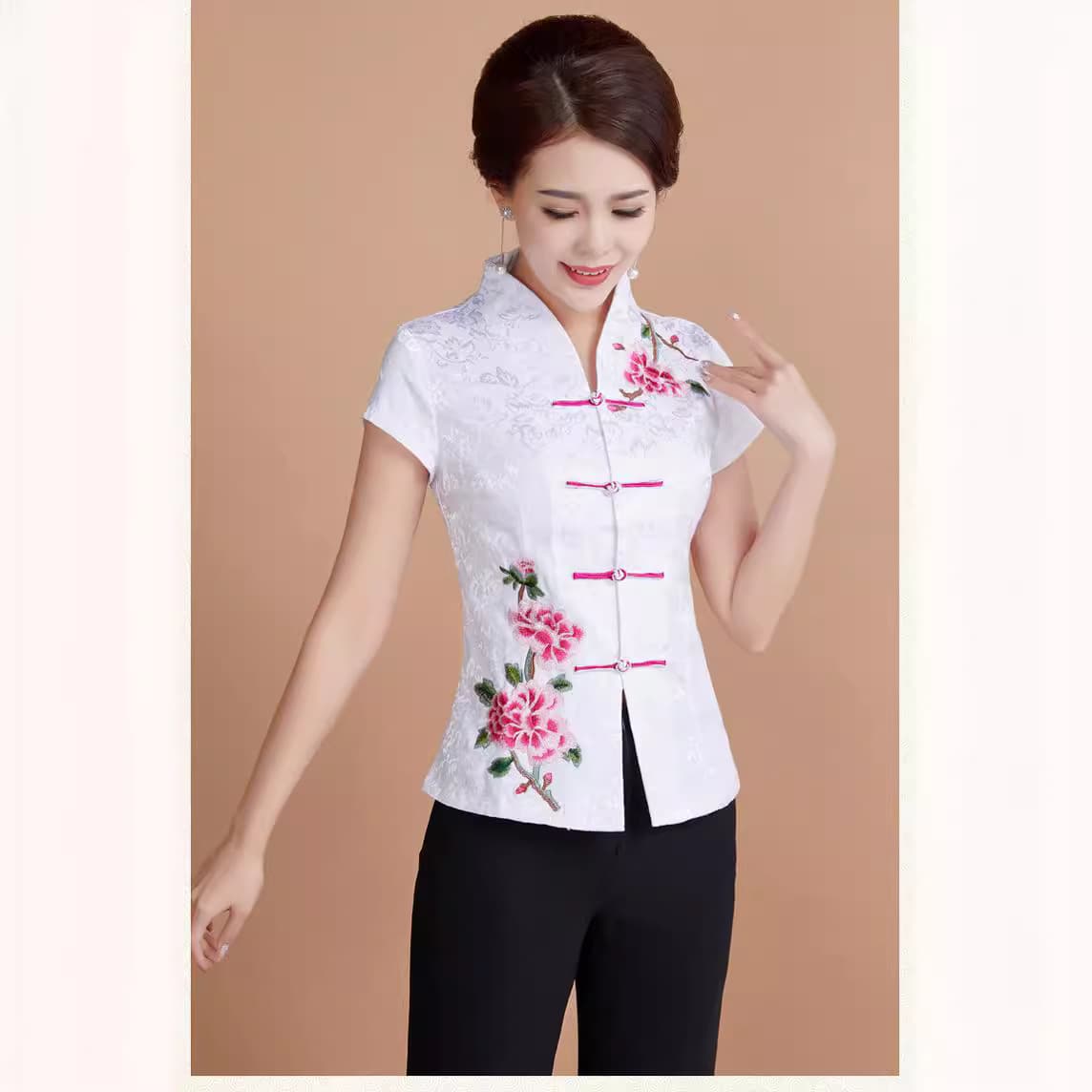 Summer Hanfu, cheongsam, ethnic overall, with short sleeve, Chinese style, for middle age, ethnic style 3