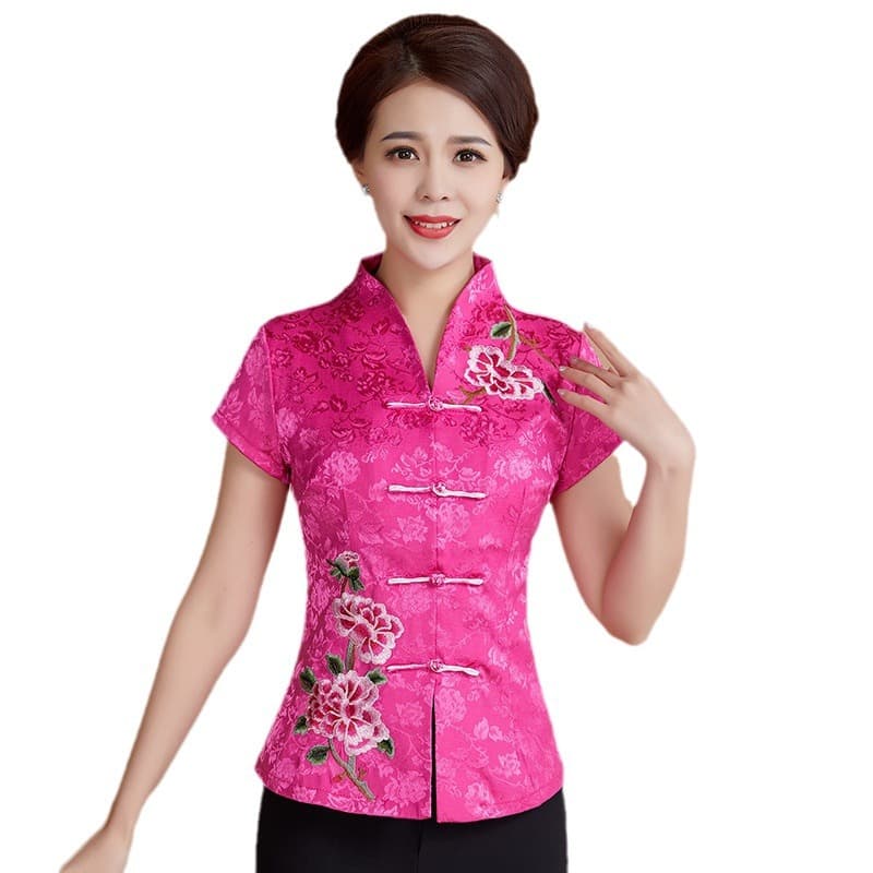 Summer Hanfu, cheongsam, ethnic overall, with short sleeve, Chinese style, for middle age, ethnic style 5
