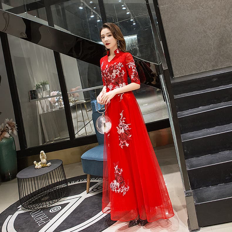 Red long evening dress for bride, V-neckline 2