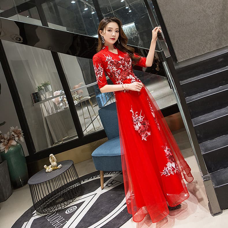 Red long evening dress for bride, V-neckline 3