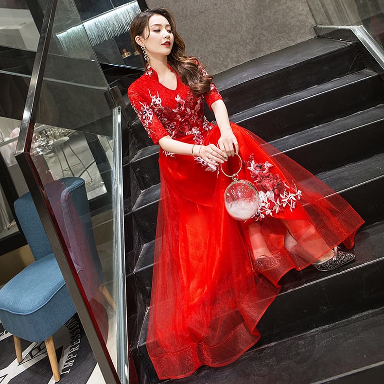 Red long evening dress for bride, V-neckline 1