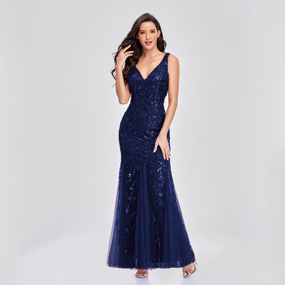 Sexy long skirt sleevless, beads, evening dress, 2023, V-neckline, slim fit, "fish tail" cut, for bridesmaid 2
