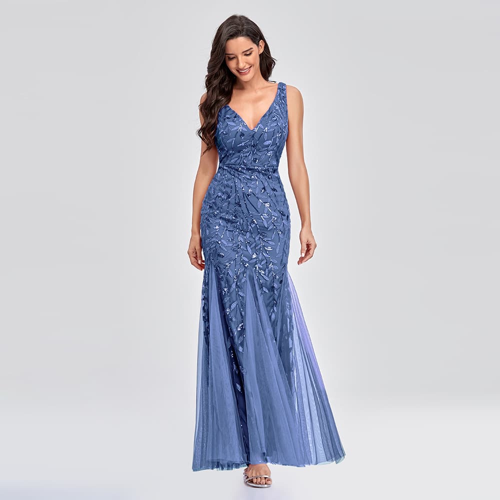 Sexy long skirt sleevless, beads, evening dress, 2023, V-neckline, slim fit, "fish tail" cut, for bridesmaid 3