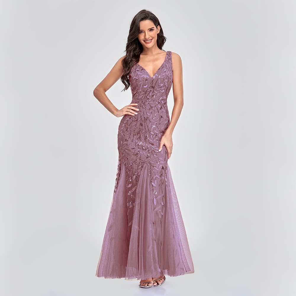 Sexy long skirt sleevless, beads, evening dress, 2023, V-neckline, slim fit, "fish tail" cut, for bridesmaid 4