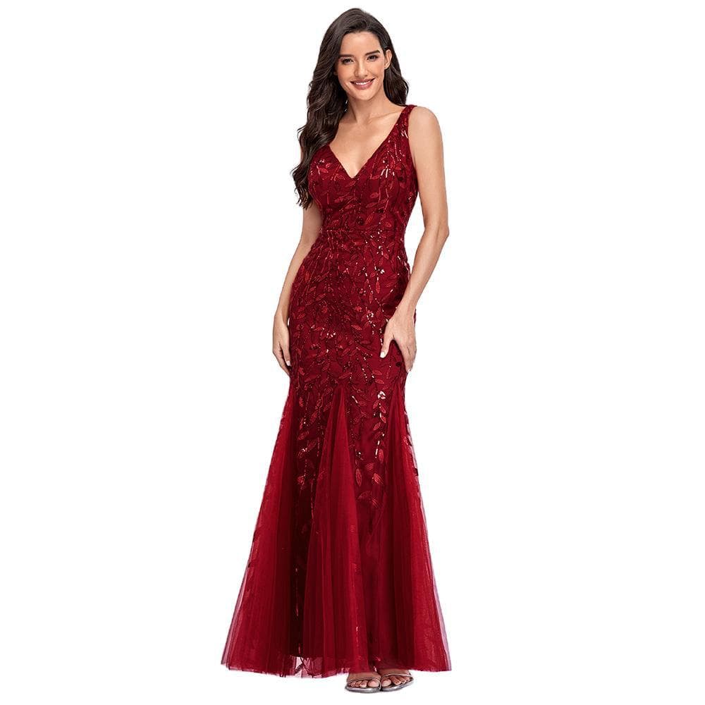 Sexy long skirt sleevless, beads, evening dress, 2023, V-neckline, slim fit, "fish tail" cut, for bridesmaid 5