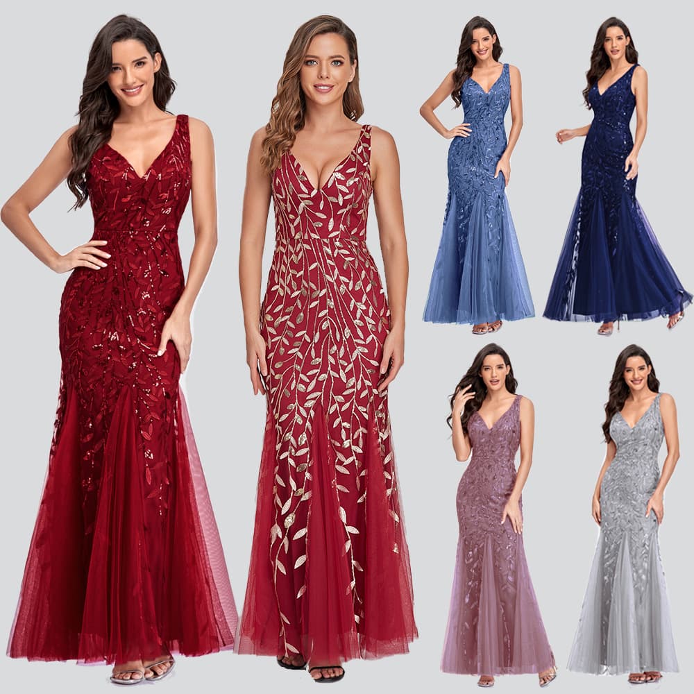 Sexy long skirt sleevless, beads, evening dress, 2023, V-neckline, slim fit, "fish tail" cut, for bridesmaid