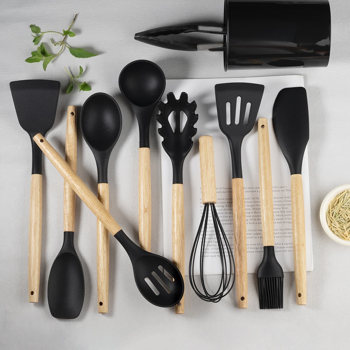 Black khaki storage system, silicone kitchenware, set, Amazon, 11 pieces