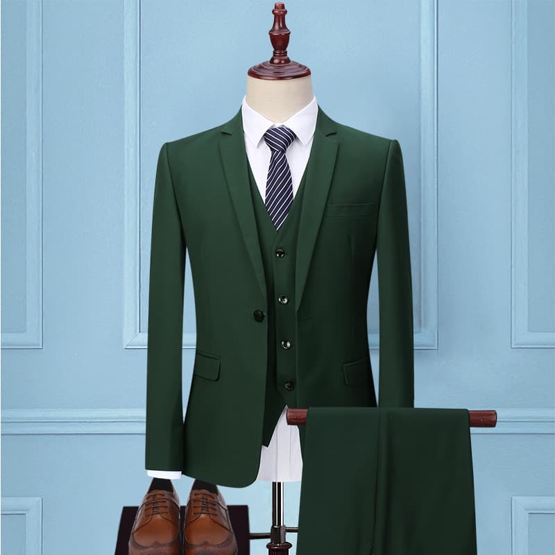 Men's green set, classic suit jacket, wedding dress, 3 piece set, Korean style 1