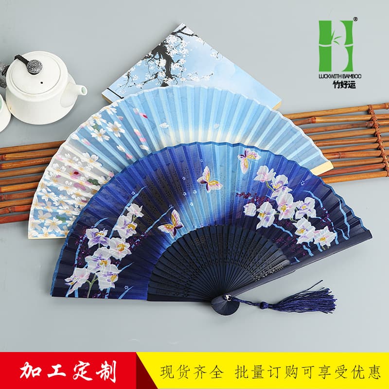 Chinese style dance fan folding fan Japanese -style craft gift bamboo fan advertisement fan silk cloth ancient style folding fan wholesale 1