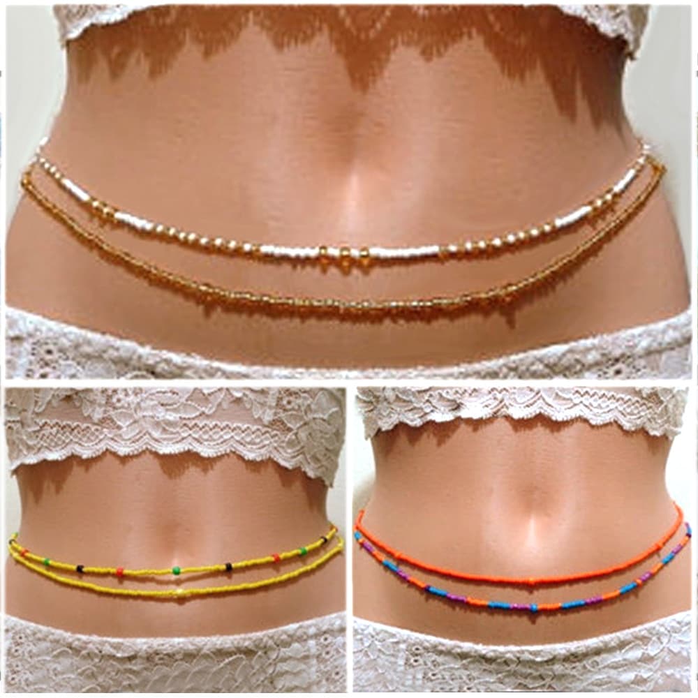 European and American cross -border platform new hot -selling rice pearl color waist chain mixed -match beach chain Bikini chain belly belly waist bead chain