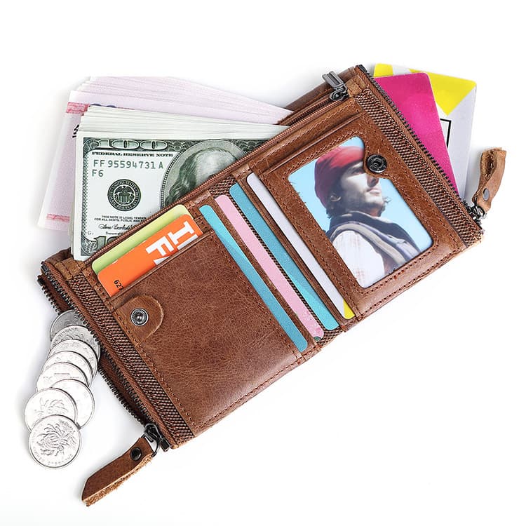 Leather short fashionable wallet with zipper, anti-theft, genuine leather 4