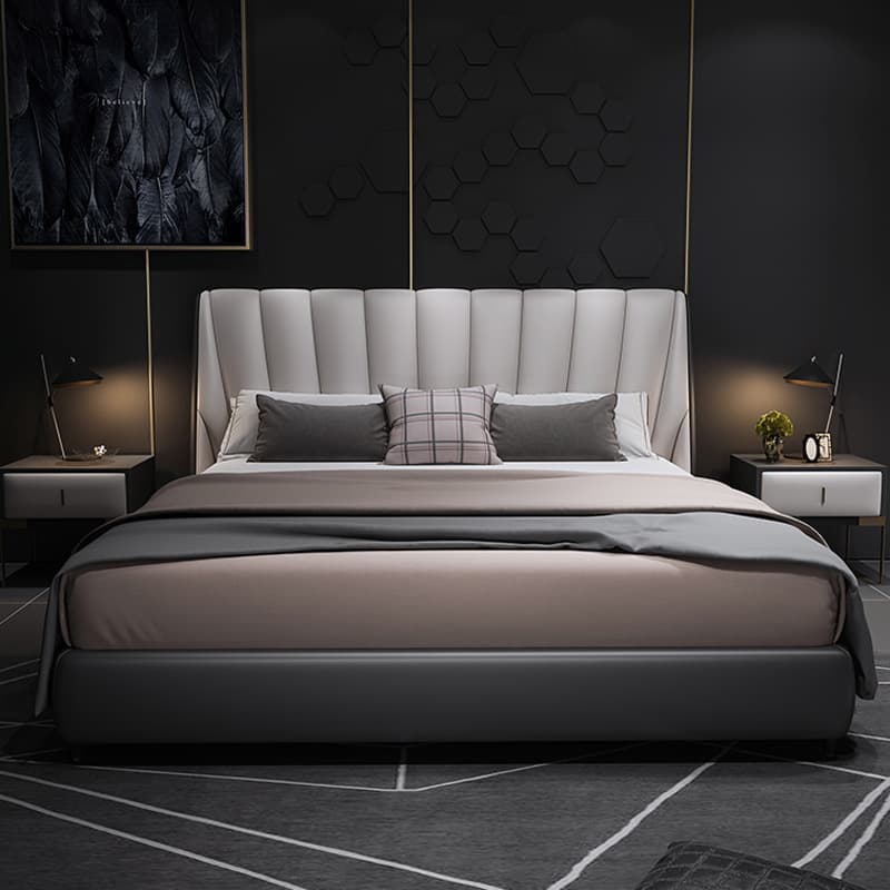 Italian leather bed master bedroom leather art double bed puff bed Nordic bedroom large bed high box bed full leather solid wood bed 2