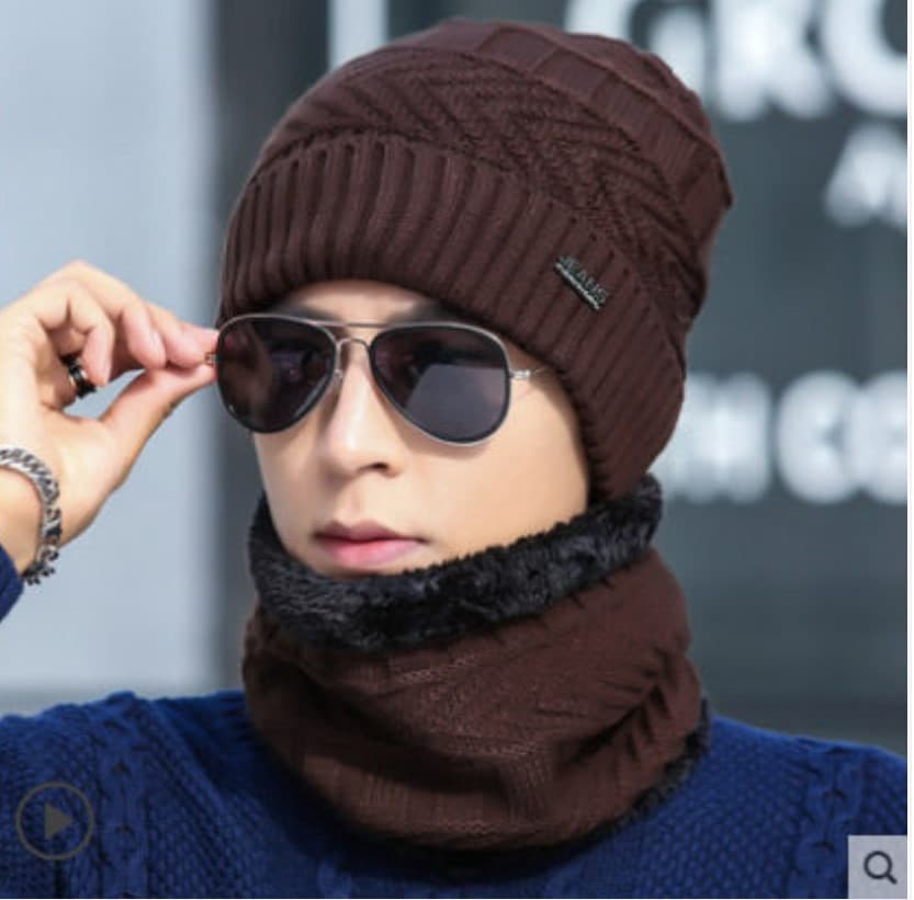 Demi-season keep warm knitted woolen hat, men's winter scarf, increased thickness 4