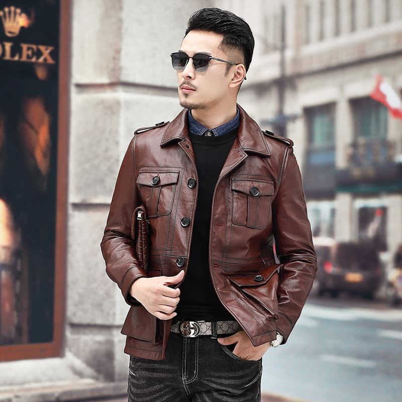 Leather short jacket, genuine leather, cowhide, Korean style 1