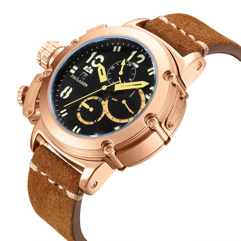 Mechanical universal golden men's watch, fully automatic, genuine leather, pink gold 2