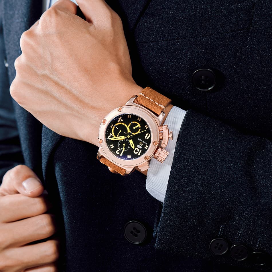 Mechanical universal golden men's watch, fully automatic, genuine leather, pink gold 5