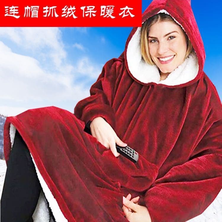 Cross -border women's velvet wool lining warm wearable blanket hooded home sweatshots and pocket pockets 2
