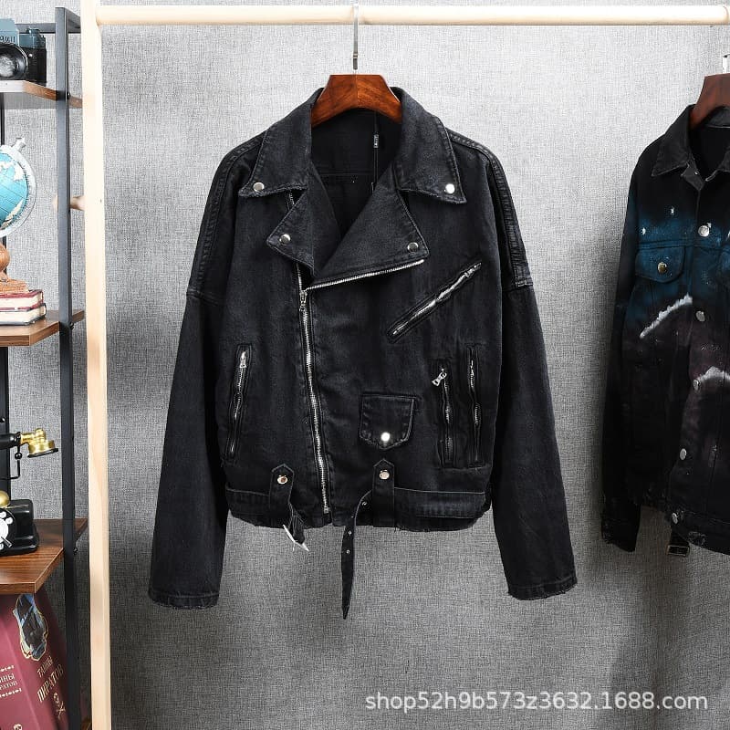 Trend short denim jacket with zipper, punk style, slim fit, American style 2