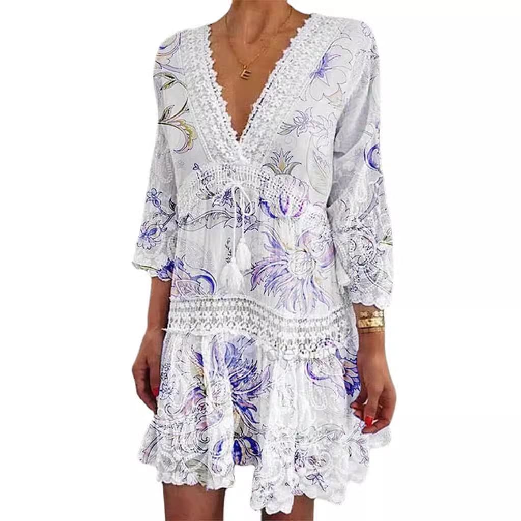 V-Neck Print Seven-Sleeve Sexy Holiday Dress 2024 5