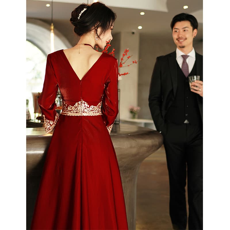 Retro autumn evening dress, red long wedding dress 4