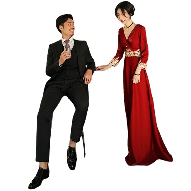 Retro autumn evening dress, red long wedding dress 5