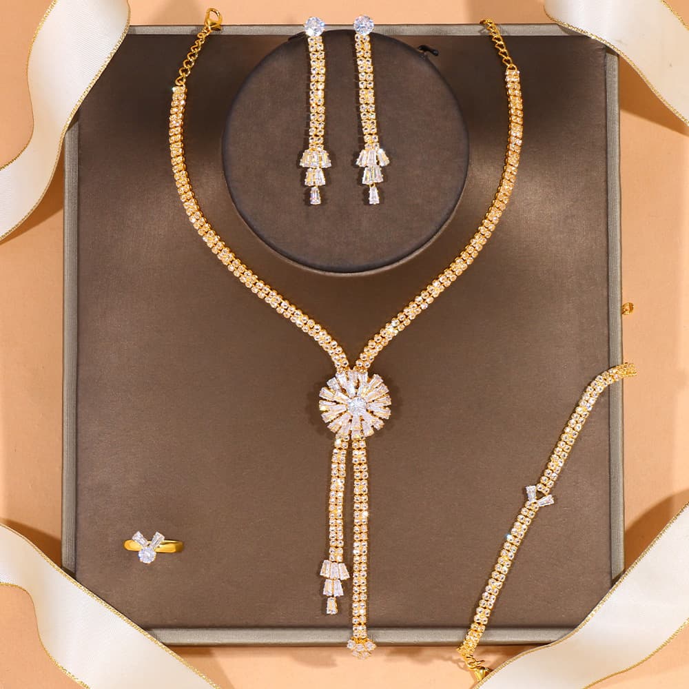 Fashionable necklace with zircon, chain, set, jewelry for bride, dress, accessory, flowered, European style, light luxury style 2
